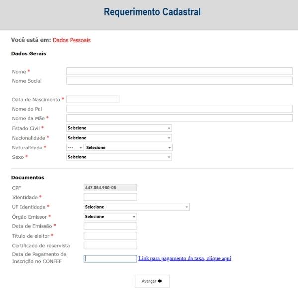 Tela para preenchimento dos dados do registro