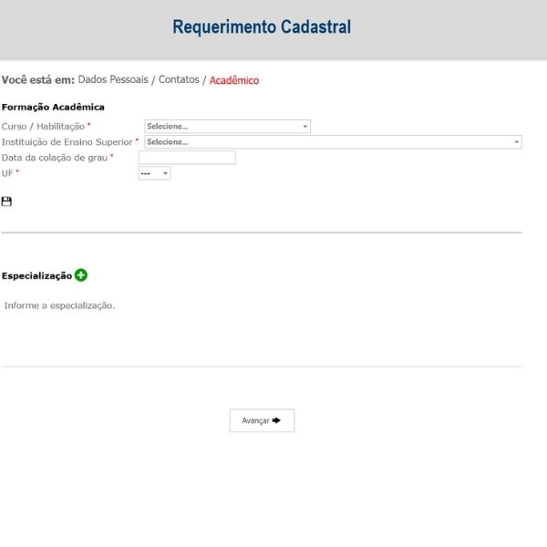 Tela de informações acadêmicas do registro